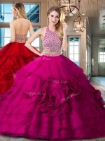 Customized Halter Top Beading and Ruffles 15 Quinceanera Dress Fuchsia Backless Sleeveless With Brush Train