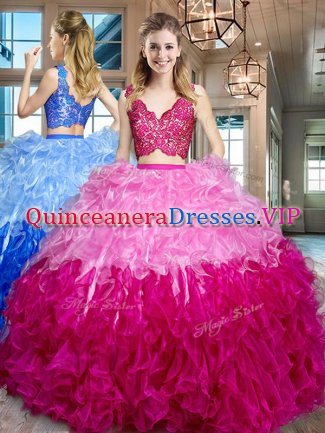 Multi-color V-neck Neckline Lace and Ruffles Quinceanera Gowns Sleeveless Zipper