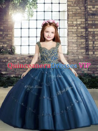 Blue Lace Up Pageant Dress Wholesale Beading Sleeveless Floor Length