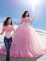 Dramatic Tulle Off The Shoulder Sleeveless Brush Train Lace Up Hand Made Flower Sweet 16 Dress in Baby Pink(SKU YCQD094TZBIZ)