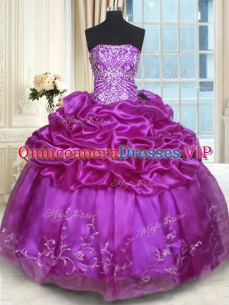 Customized Pick Ups Eggplant Purple Sleeveless Organza Lace Up Ball Gown Prom Dress for Military Ball and Sweet 16 and Quinceanera