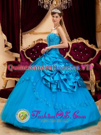 McHenry Maryland/MD Stylish Quinceanera Dress For Strapless Teal Taffeta and Tulle Lace and Appliques Ball Gown