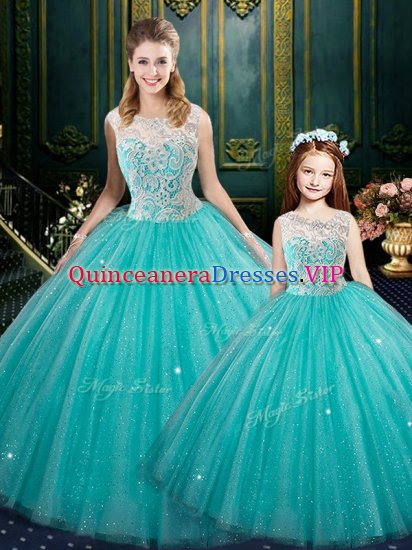 Sleeveless Tulle Floor Length Zipper Quinceanera Dress in Turquoise with Lace - Click Image to Close