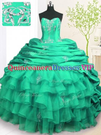 Fantastic With Train Lace Up Quinceanera Dresses Turquoise for Military Ball and Sweet 16 and Quinceanera with Beading and Appliques and Ruffled Layers and Pick Ups Brush Train