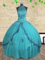 Ball Gowns Sweet 16 Quinceanera Dress Teal Halter Top Tulle Sleeveless Floor Length Lace Up(SKU PSSW0225-8BIZ)