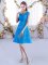 Customized Baby Blue Lace Up V-neck Lace Damas Dress Lace Cap Sleeves