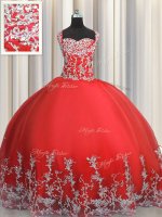 Modern Coral Red Sleeveless Beading and Appliques Floor Length Quinceanera Dresses