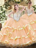 Custom Design Peach Sleeveless Beading and Ruffled Layers Floor Length Ball Gown Prom Dress(SKU SJQDDT1315002BIZ)