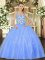 Baby Blue Ball Gowns Straps Sleeveless Organza Floor Length Lace Up Beading and Appliques Quince Ball Gowns