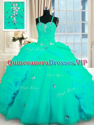 Hot Selling Turquoise Ball Gowns Organza Spaghetti Straps Sleeveless Beading and Ruffles With Train Lace Up Vestidos de Quinceanera Sweep Train