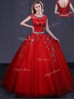 Classical Scoop Beading and Belt Quinceanera Dresses Red Lace Up Cap Sleeves Floor Length(SKU YCQD0119-2BIZ)