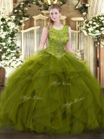 Pretty Beading and Ruffles Sweet 16 Quinceanera Dress Olive Green Zipper Sleeveless Floor Length