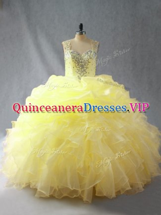 Romantic Yellow Quinceanera Gowns Sweet 16 and Quinceanera with Beading and Ruffles Straps Sleeveless Zipper