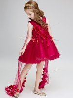 Eye-catching Wine Red Lace Up V-neck Hand Made Flower Evening Gowns Tulle Sleeveless Watteau Train