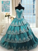 Custom Fit Sleeveless Taffeta With Train Lace Up Sweet 16 Quinceanera Dress in Teal with Beading and Appliques and Ruffled Layers