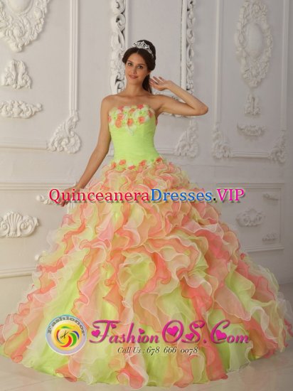 Victoria British ColumbiaBC Gorgeous Strapless Quinceanera Dress With Hand Made Flowers Ruffles Layered and Ruched Bodice - Click Image to Close