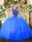 Blue Ball Gown Prom Dress Sweet 16 and Quinceanera with Beading Scoop Cap Sleeves Zipper