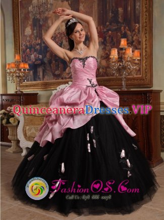 Penarth South Glamorga Hand Made Flowers New Arrival Rose Pink and Black Sweet 16 Dress Sweetheart Tulle and Taffeta Stylish Ball Gown