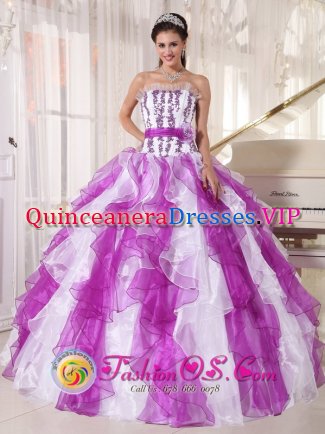 Canoga Park California Elegant Embroidery Decorate Up Bodice White and Purple Ruffles Sash With Hand Made Flower Quinceanera Dress For