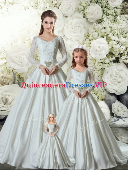 White Quinceanera Dresses V-neck Long Sleeves Chapel Train Lace Up - Click Image to Close