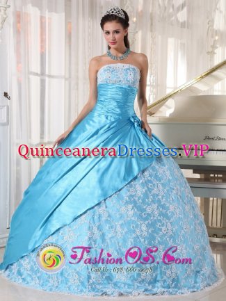 Sweet Strapless Aqua Blue Lace and Hand flower Decorate Quinceanera Dress For Roslindale Massachusetts/MA Taffeta Ball Gown