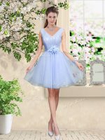 Flare Knee Length Lace Up Dama Dress Lavender for Prom and Party with Lace and Belt