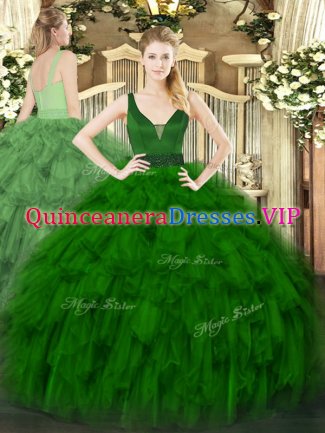 Dynamic Sleeveless Organza Floor Length Zipper Quince Ball Gowns in Dark Green with Beading and Ruffles