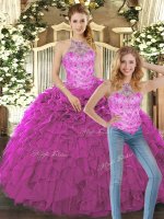 Fuchsia Sleeveless Organza Lace Up Ball Gown Prom Dress for Military Ball and Sweet 16 and Quinceanera(SKU SJQDDT1280009BIZ)