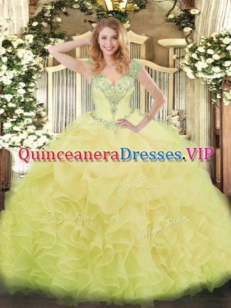 Beautiful Yellow Military Ball Dresses For Women Military Ball and Sweet 16 and Quinceanera with Beading and Ruffles and Pick Ups V-neck Sleeveless Lace Up