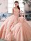 Elegant Tulle Off The Shoulder Sleeveless Brush Train Lace Up Beading Quinceanera Dresses in Peach