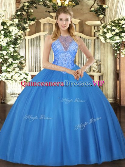 Floor Length Lace Up Sweet 16 Dress Baby Blue for Military Ball and Sweet 16 and Quinceanera with Beading - Click Image to Close