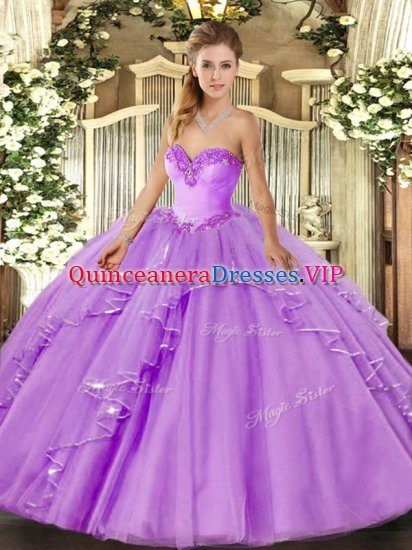 Lavender Tulle Lace Up 15 Quinceanera Dress Sleeveless Floor Length Beading and Ruffles - Click Image to Close