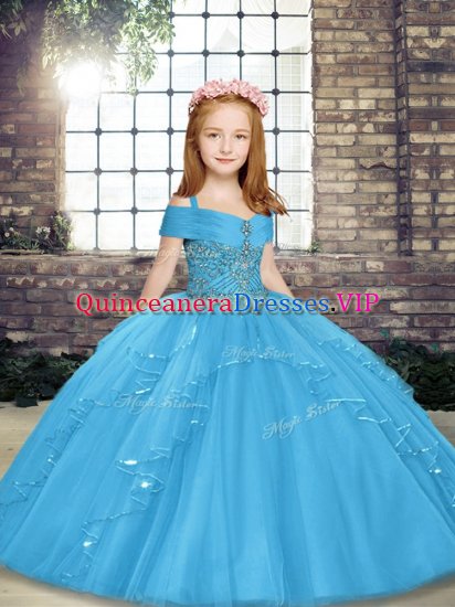 High End Floor Length Blue Glitz Pageant Dress Tulle Sleeveless Beading - Click Image to Close