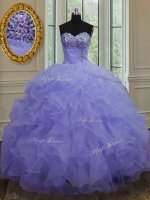 Trendy Sweetheart Sleeveless Quinceanera Dresses Floor Length Beading and Ruffles Lavender Organza