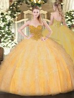 Dynamic Sweetheart Sleeveless Sweet 16 Dress Floor Length Beading and Ruffles Orange Organza(SKU SJQDDT1244002BIZ)