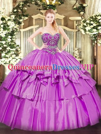 Superior Lilac Sweetheart Neckline Beading and Ruffled Layers Quince Ball Gowns Sleeveless Lace Up