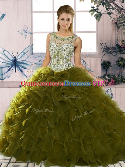 Luxury Olive Green Ball Gowns Organza Scoop Sleeveless Beading and Ruffles Floor Length Lace Up 15 Quinceanera Dress - Click Image to Close