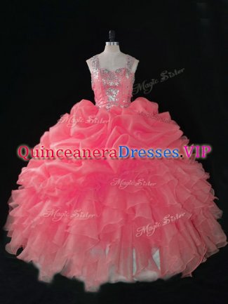 Baby Pink Ball Gowns Straps Sleeveless Organza Zipper Beading and Ruffles and Pick Ups 15th Birthday Dress