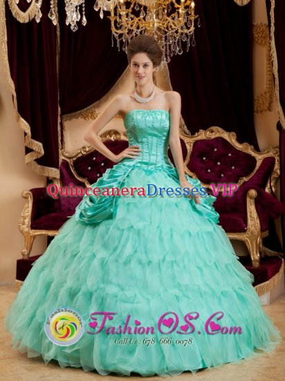 Ruffles Decorate Affordable Apple Green Quinceanera Dress Fashionable Strapless Taffeta and Organza Ball Gown - Click Image to Close