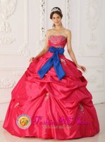 Santa Cruz de Barahona Dominican Republic Coral Red Strapless For Quinceanera Dress With Beading Appliques and blue Bowknot(SKU QDZY388y-6BIZ)