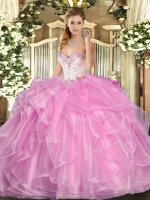 Sweetheart Sleeveless Quinceanera Gown Floor Length Beading and Ruffles Rose Pink Organza(SKU SJQDDT1349002-1BIZ)