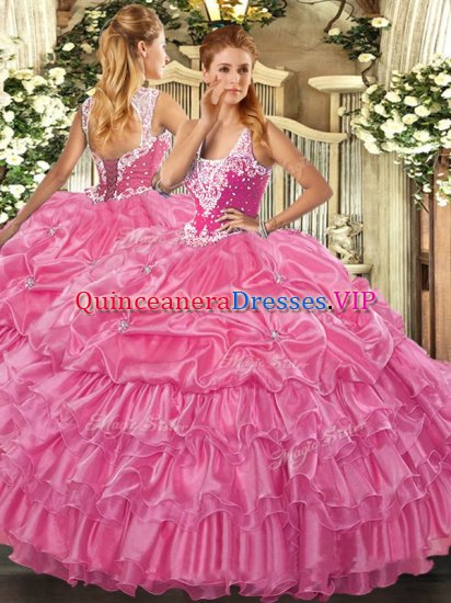 Free and Easy Floor Length Lace Up Quinceanera Dresses Rose Pink for Military Ball and Sweet 16 and Quinceanera with Beading and Ruffled Layers and Pick Ups - Click Image to Close