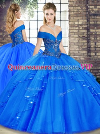 Simple Floor Length Lace Up Quinceanera Dresses Royal Blue for Military Ball and Sweet 16 and Quinceanera with Beading and Ruffles