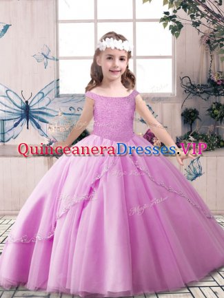 Lilac Tulle Lace Up Glitz Pageant Dress Sleeveless Floor Length Beading