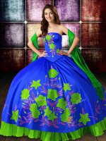 Shining Strapless Sleeveless Sweet 16 Dress Floor Length Embroidery Multi-color Satin