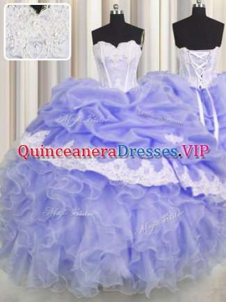 Nice Lavender Lace Up Quinceanera Gowns Beading and Appliques and Ruffles and Pick Ups Sleeveless Floor Length