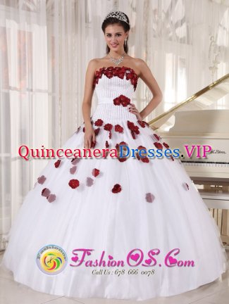 Pretty White and Wine Red Quinceanera Dress For Sterling Heights Michigan/MI Strapless Tulle Beading and Hand Made Flowers Decorate Ball Gown