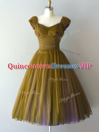 Olive Green A-line V-neck Cap Sleeves Chiffon Knee Length Lace Up Ruching Quinceanera Court Dresses