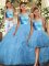 Baby Blue Three Pieces Scoop Sleeveless Tulle Floor Length Backless Lace and Ruffles Ball Gown Prom Dress