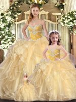 Latest Floor Length Lace Up 15th Birthday Dress Champagne for Sweet 16 and Quinceanera with Beading and Ruffles